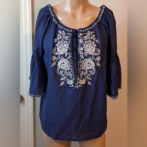 Tommy Bahama Peasant Blouse, Beautiful Embroidery Linen/Cotton Blend Medium